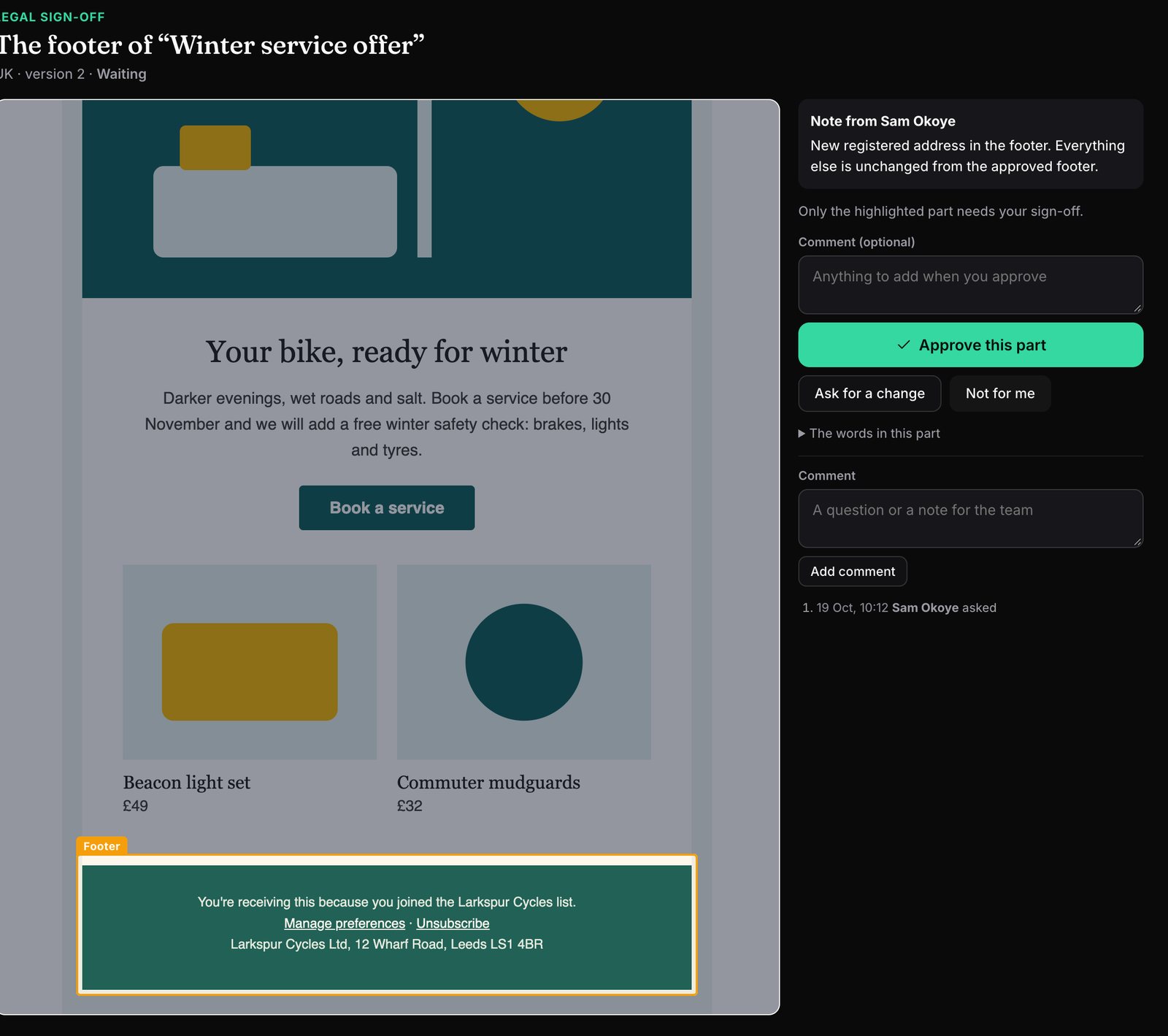 Mailfois specialist sign-off: a Legal reviewer sees the email with only the footer highlighted, a note from the builder and buttons to approve the part, ask for a change or say it is not for them.